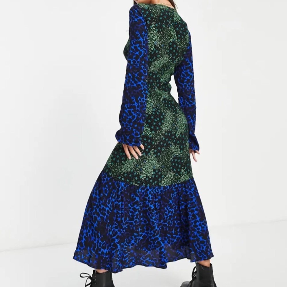 TOPSHOP Tall Animal & Star Print V Neck Midi Dress Green\Blue Viscose Size 10 - Picture 3 of 10